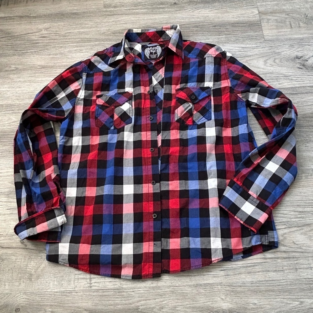 Eighty Eight Red/Black/Blue/White Button Down Shirt w/ Roll Up Sleeve Sz L